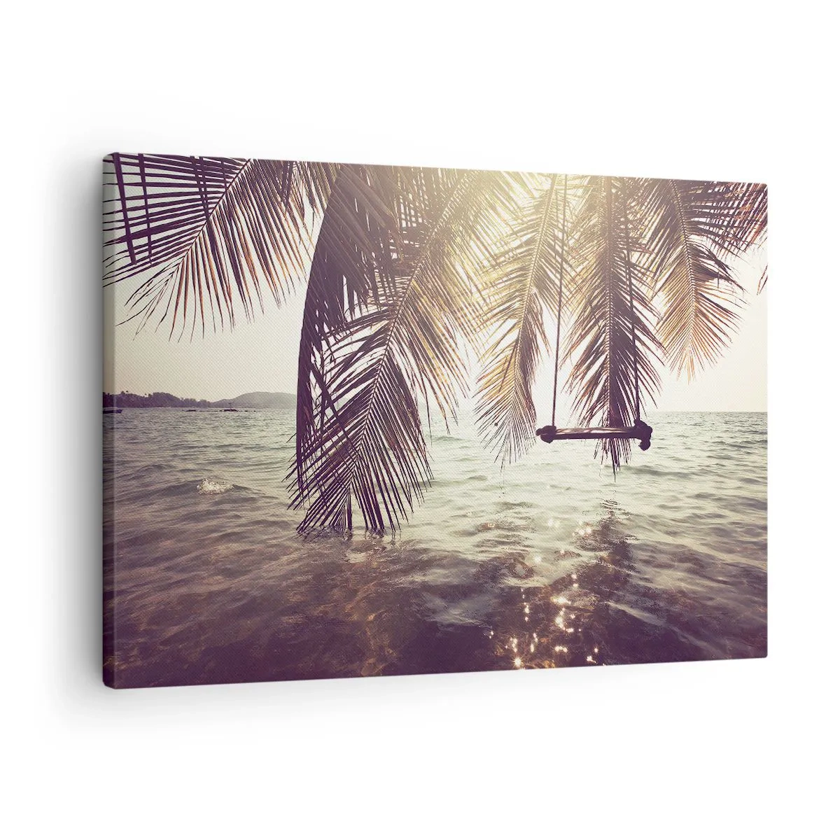 Tablou pe pânză Canvas - Palmier cu un leagăn deasupra apei în lumina soarelui - 70x50cm - Poți să te dai în vânt după pofta inimii tale - Decorațiune modernă pentru perete pentru living și dormitor ARTTOR