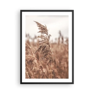 Poster în ramă neagră - Iarbă pe fundalul unui peisaj cețos în culori naturale - 50x70cm - Toamna pe câmpuri - Decorațiune modernă pentru perete pentru living și dormitor ARTTOR