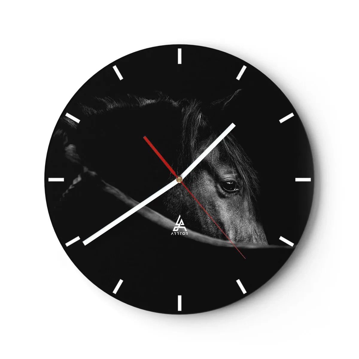 Ceas de perete - Ceas pe sticlă - Portretul unui cal negru pe un fundal întunecat și profund - 30x30cm - Prințul negru - Decorațiune modernă pentru perete pentru living, bucătărie și dormitor ARTTOR