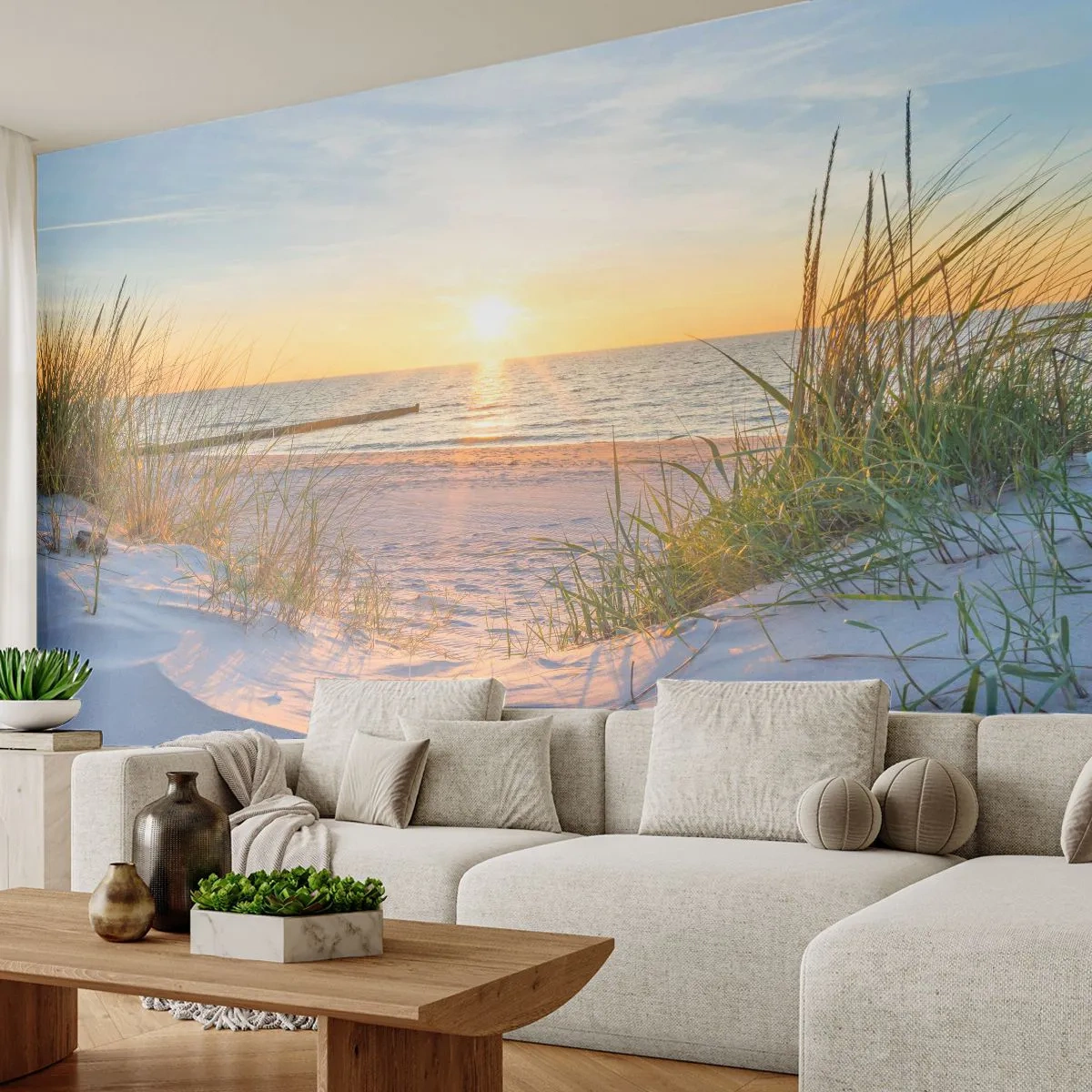 Tapet Premium Sand - Zumzet de mare, o plajă sălbatică printre ierburi... - Peisaj, Mare, Dunele - 350x256 cm