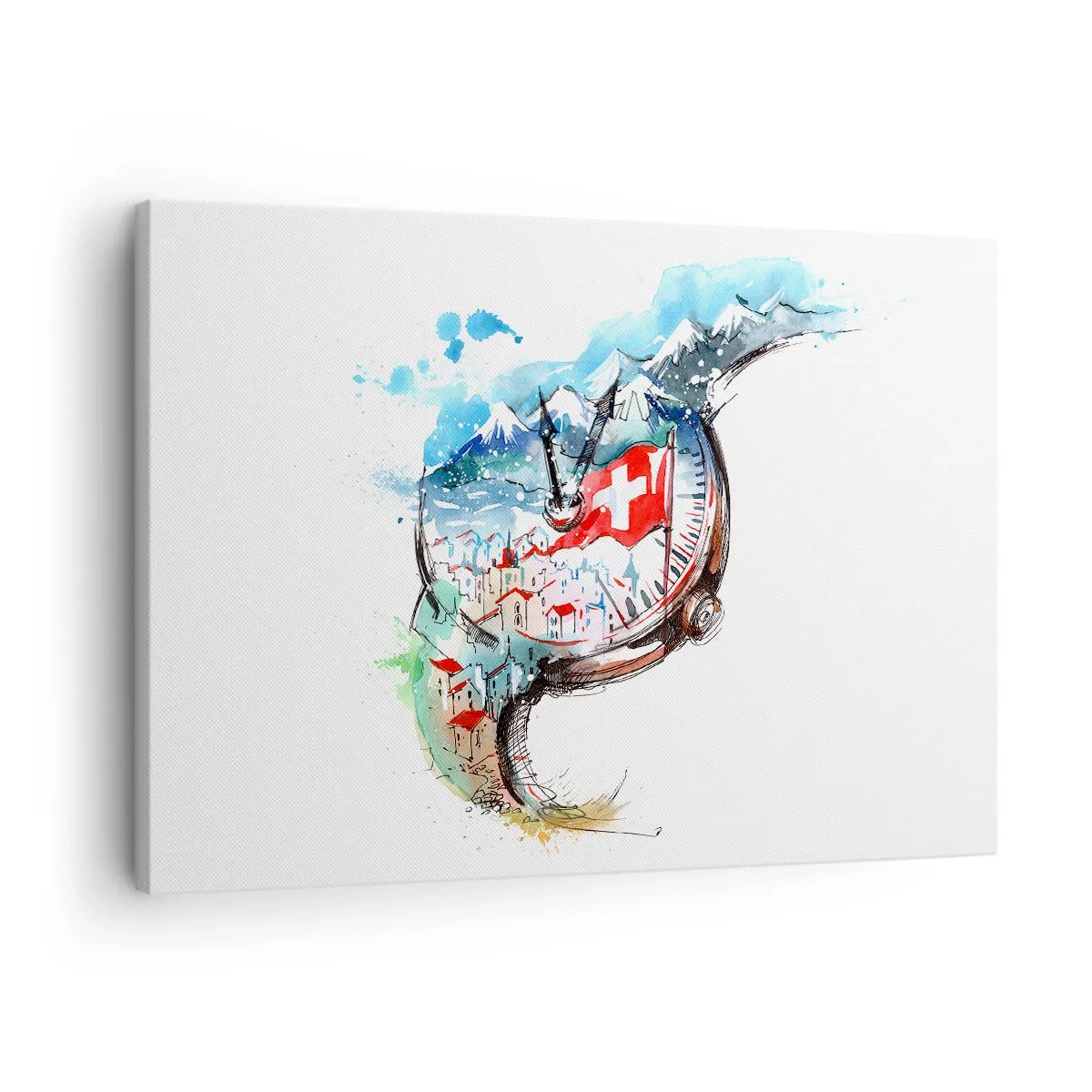 Tablou pe pânză Canvas - Un peisaj în acuarelă al Elveției într-un design mecanic - 70x50cm - Spiritul Elveției - Decorațiune modernă pentru perete pentru living și dormitor ARTTOR
