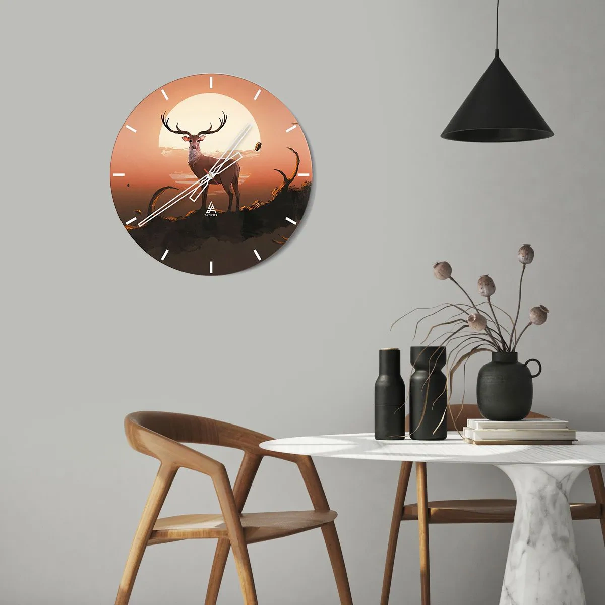 Ceas de perete - Ceas pe sticlă - Silueta unui cerb pe fondul apusului de soare - 30x30cm - Această noapte este diferită de oricare alta - Decorațiune modernă pentru perete pentru living, bucătărie și dormitor ARTTOR