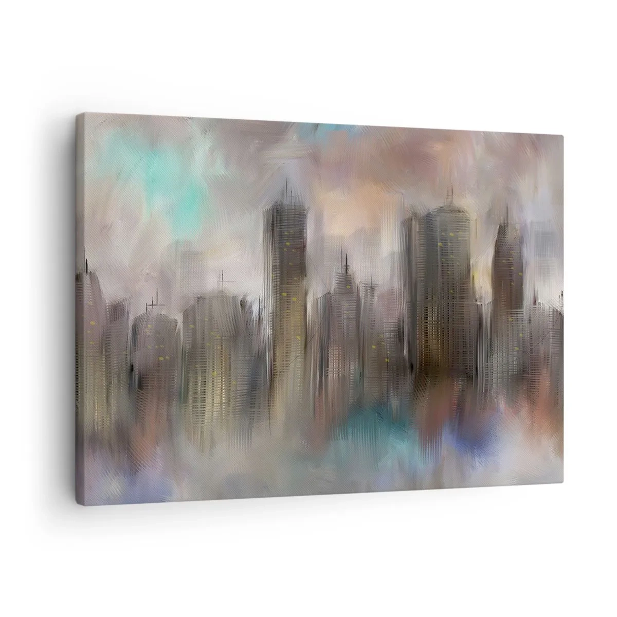 Tablou pe pânză Canvas - O viziune artistică a unui peisaj urban cu zgârie-nori în culori pastelate. - 70x50cm - O compoziție de oțel, piatră și ceață - Decorațiune modernă pentru perete pentru living și dormitor ARTTOR