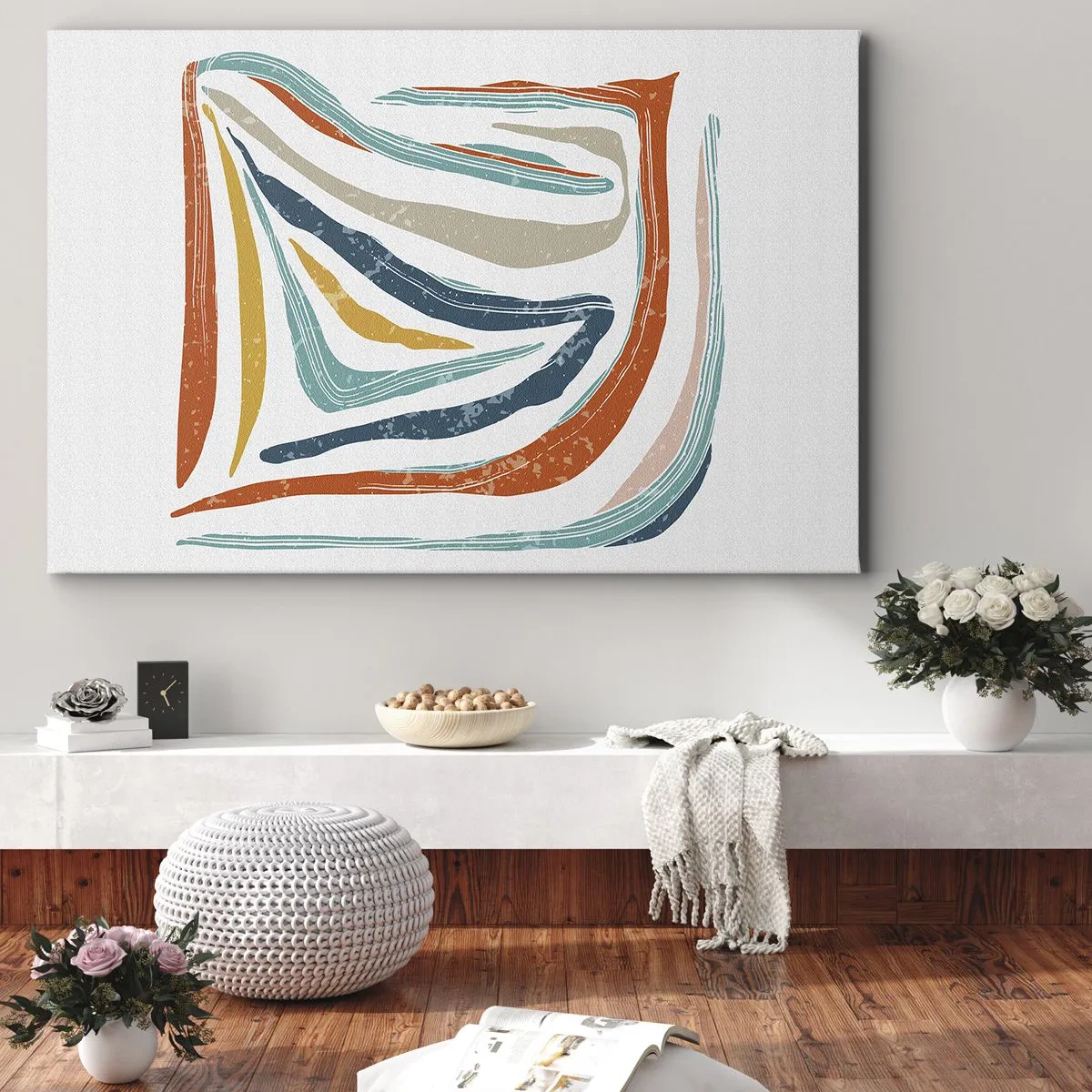 Tablou pe pânză Canvas - Linii colorate și dinamice în nuanțe de albastru, portocaliu și bej - 70x50cm - Abstracție prietenoasă și zâmbitoare - Decorațiune modernă pentru perete pentru living și dormitor ARTTOR
