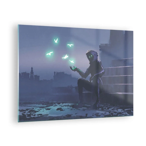Tablou pe sticlă - O figură în întuneric înconjurată de păsări verzi plutitoare - 70x50cm - Viața se va întoarce - Decorațiune modernă pentru perete pentru living și dormitor ARTTOR