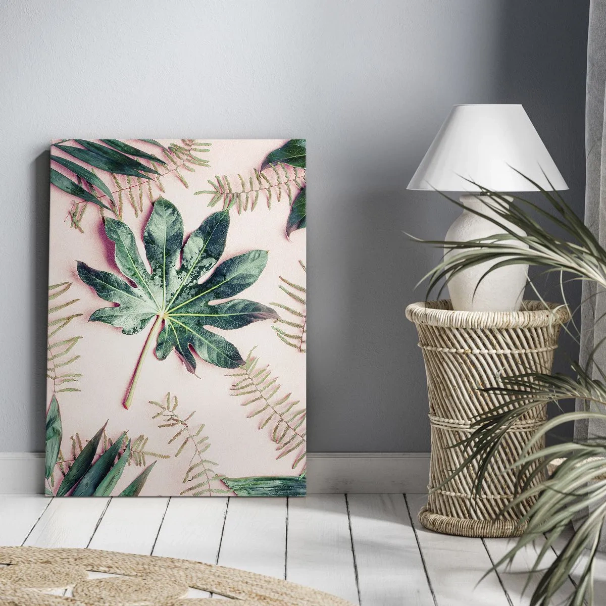 Tablou pe pânză - Studiu de verdeață pe un fundal roz - 70x100 cm