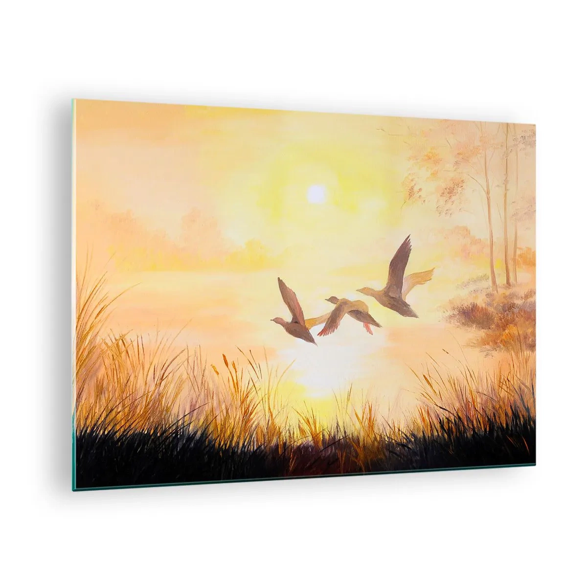 Tablou pe sticlă - Trei rațe zburând peste un lac la răsăritul soarelui - 70x50cm - Începutul unei lungi călătorii - Decorațiune modernă pentru perete pentru living și dormitor ARTTOR