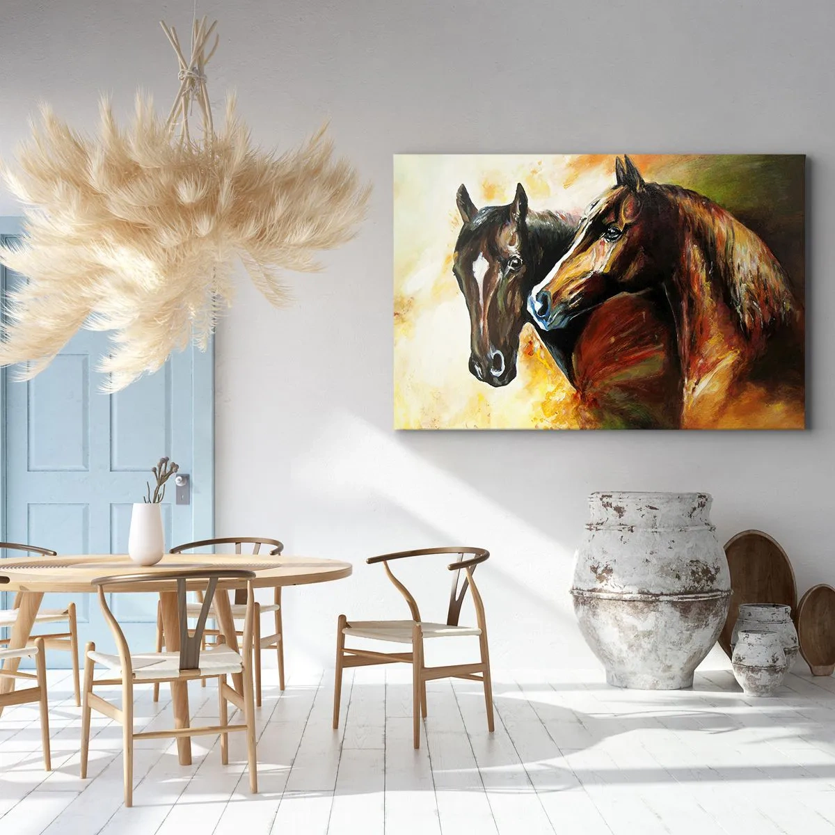 Tablou pe pânză Canvas - O pereche de cai într-o compoziție picturală - 70x50cm - De două ori mai fermecător - Decorațiune modernă pentru perete pentru living și dormitor ARTTOR