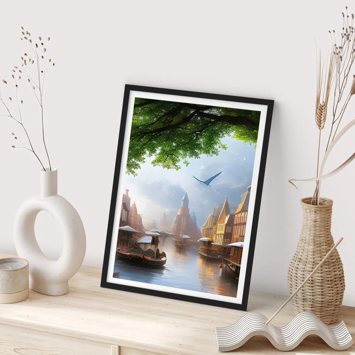 Poster în ramă neagră - Vedere pitorească a canalului cu arhitectură istorică - 50x70cm - Peisaj urban olandez  - Decorațiune modernă pentru perete pentru living și dormitor ARTTOR
