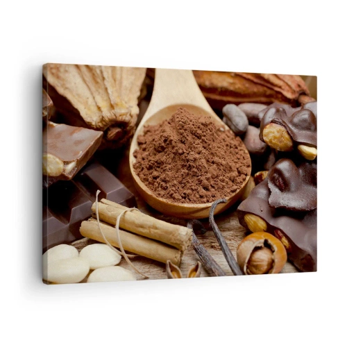 Tablou pe pânză Canvas - O lingură de ingrediente de cacao și ciocolată într-un aranjament rustic - 70x50cm - Cea mai bună pentru tristețe - Decorațiune modernă pentru perete pentru living și dormitor ARTTOR
