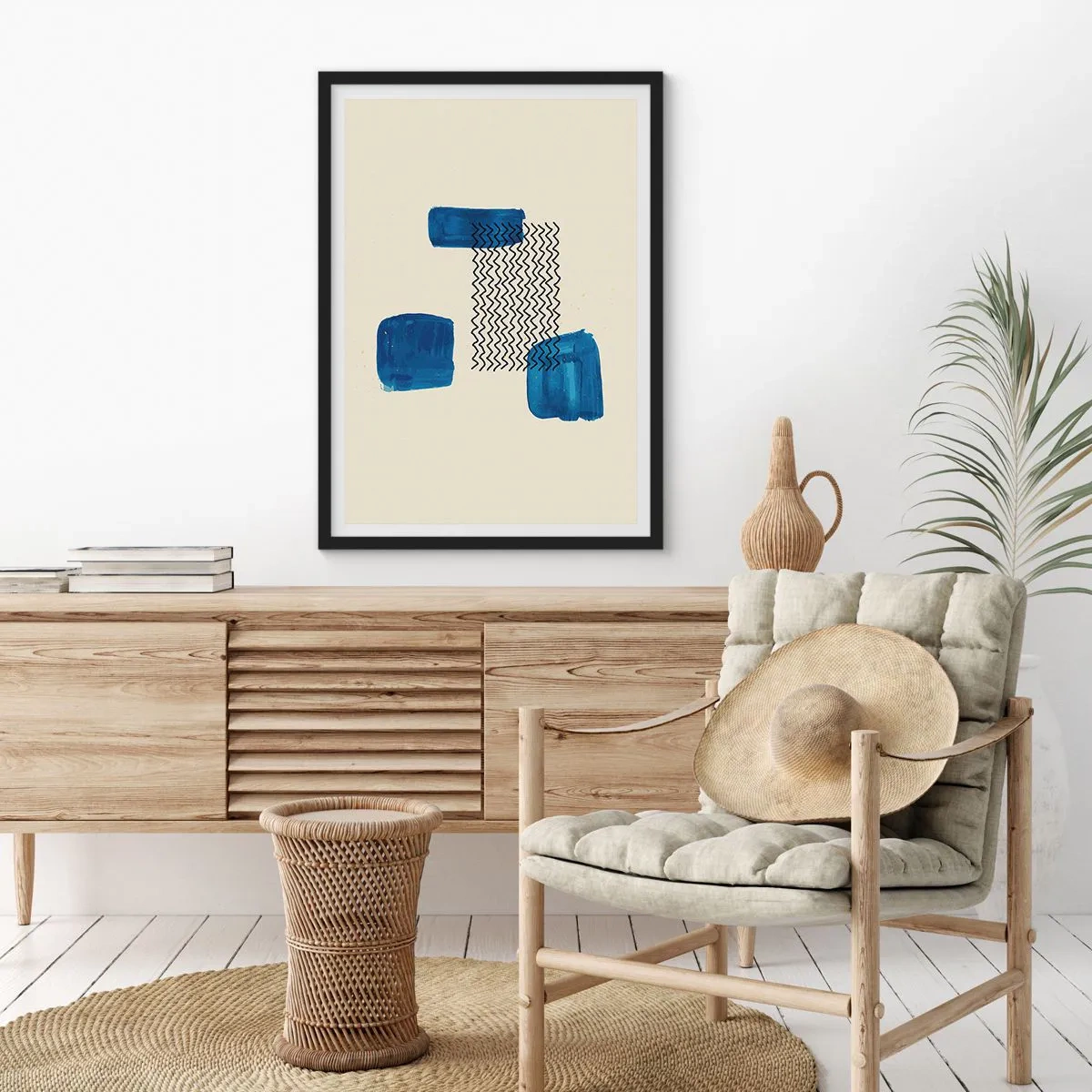 Poster în ramă neagră - Compoziție abstractă în nuanțe de albastru marin cu linii - 50x70cm - Cvartet abstract - Decorațiune modernă pentru perete pentru living și dormitor ARTTOR