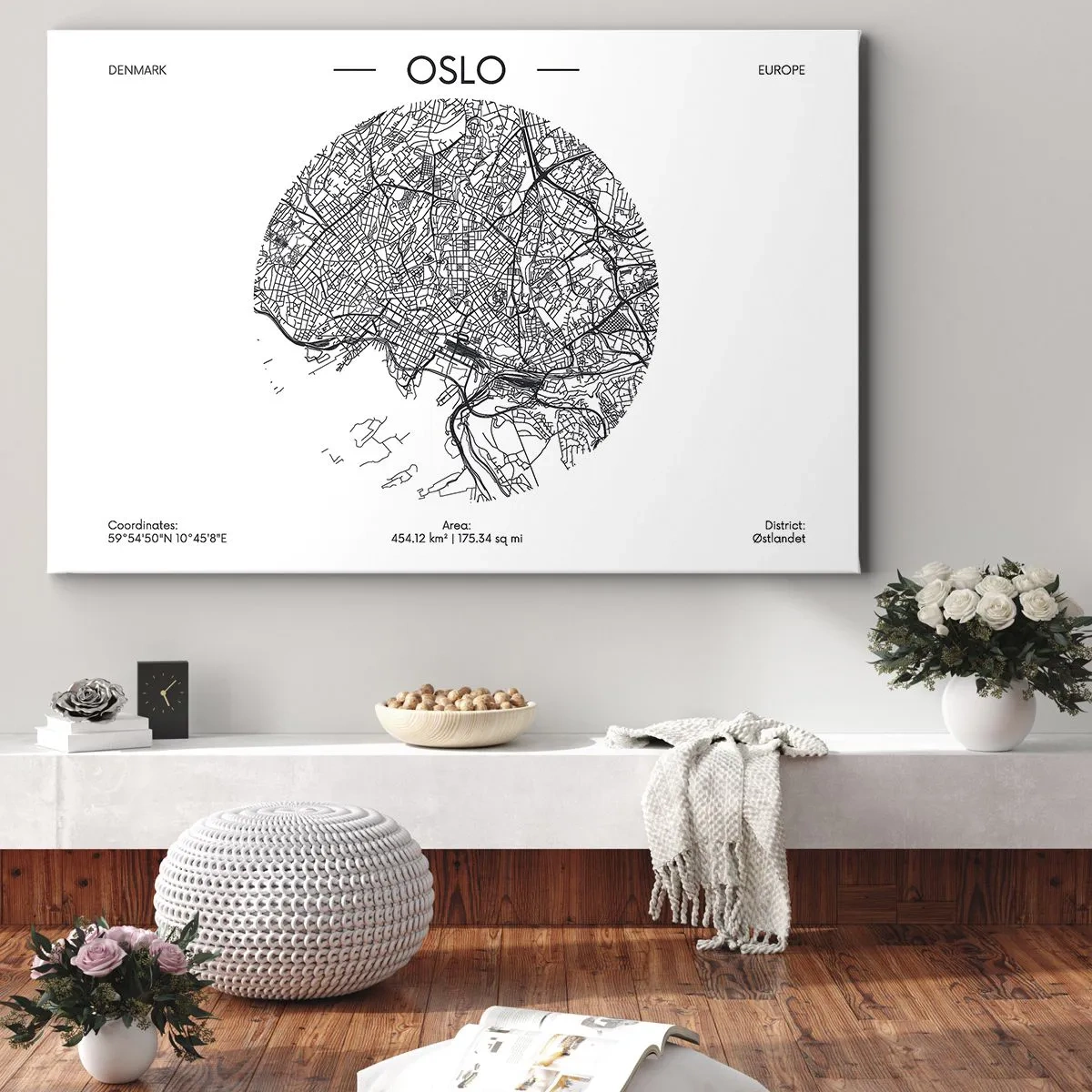 Tablou pe pânză Canvas - O hartă a orașului Oslo într-un stil minimalist alb-negru. - 70x50cm - Anatomia Oslo - Decorațiune modernă pentru perete pentru living și dormitor ARTTOR