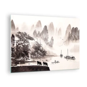 Tablou pe sticlă - Peisaj chinezesc cu munți, copaci și apă - 70x50cm - Viața exotică de zi cu zi a Estului - Decorațiune modernă pentru perete pentru living și dormitor ARTTOR