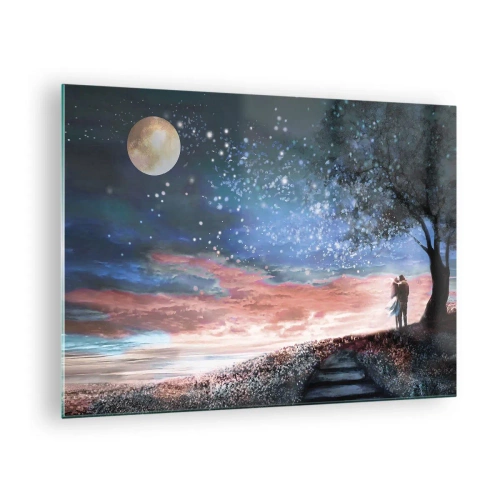 Tablou pe sticlă - Un cuplu îndrăgostit sub un copac cu luna și stelele - 70x50cm - O performanță stelară - Decorațiune modernă pentru perete pentru living și dormitor ARTTOR