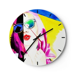 Ceas de perete - Ceas pe sticlă - Femeie cu ochelari pop art - 30x30cm - Nu sunt albă și nu sunt neagră - Decorațiune modernă pentru perete pentru living, bucătărie și dormitor ARTTOR