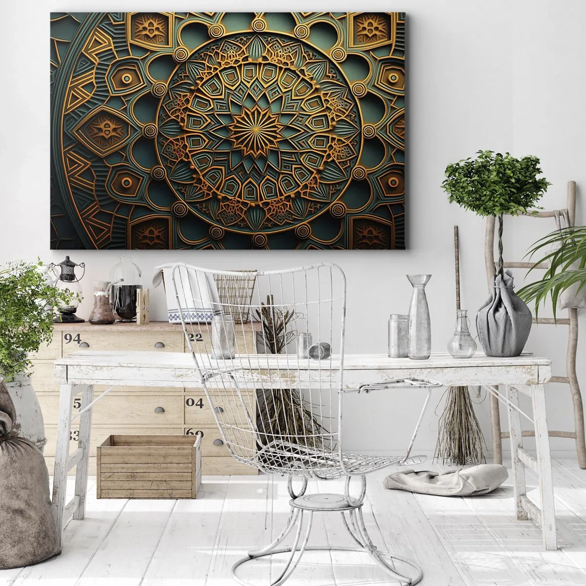 Tablou pe pânză Canvas - O mandală aurie pe un fundal turcoaz cu detalii bogate. - 70x50cm - În stil arabic - Decorațiune modernă pentru perete pentru living și dormitor ARTTOR