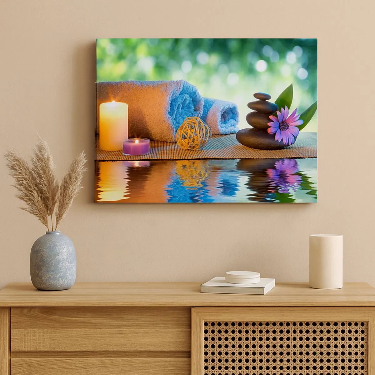 Tablou pe pânză Canvas - Set SPA relaxant cu prosoape, lumânări și pietre - 70x50cm - Timp pentru corp - Decorațiune modernă pentru perete pentru living și dormitor ARTTOR