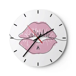 Ceas de perete - Ceas pe sticlă - Prim-plan cu buze roz pe fundalul unui ceas alb - 30x30cm - Vrei un sărut? - Decorațiune modernă pentru perete pentru living, bucătărie și dormitor ARTTOR