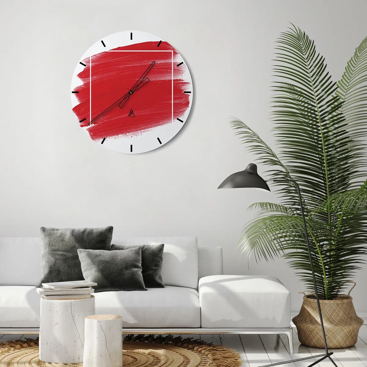 Ceas de perete - Ceas pe sticlă - Tușă de pensulă roșie care traversează o margine albă - 30x30cm - În afara cadrului - Decorațiune modernă pentru perete pentru living, bucătărie și dormitor ARTTOR