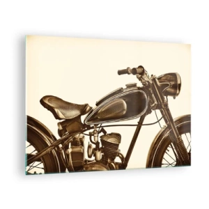 Tablou pe sticlă - Motocicletă retro elegantă în tonuri sepia pe un fundal deschis - 70x50cm - Dorul de clasici - Decorațiune modernă pentru perete pentru living și dormitor ARTTOR