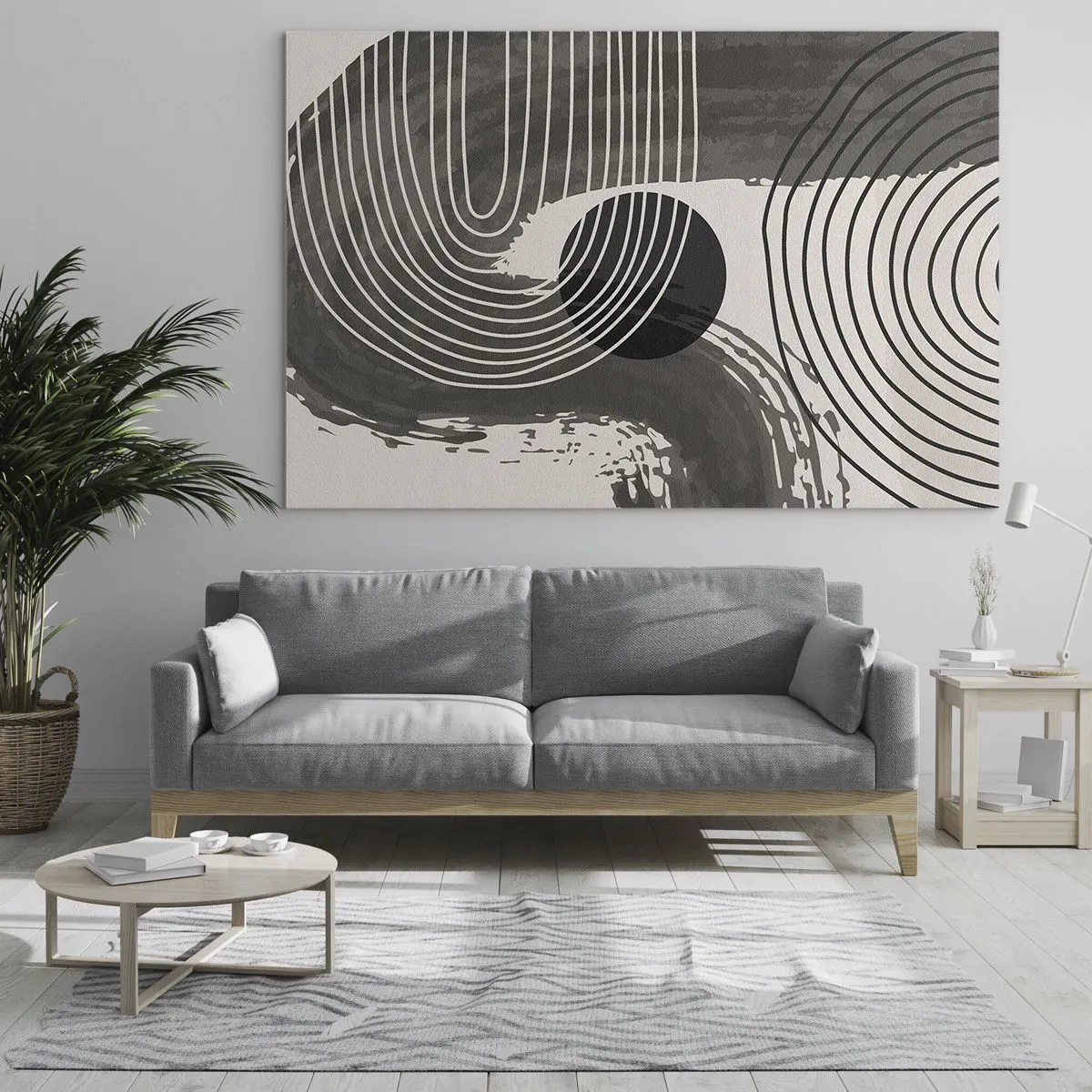Tablou pe sticlă - Abstracție modernă cu linii albe și negre și un oval - 70x50cm - Ovalul câștigă - Decorațiune modernă pentru perete pentru living și dormitor ARTTOR
