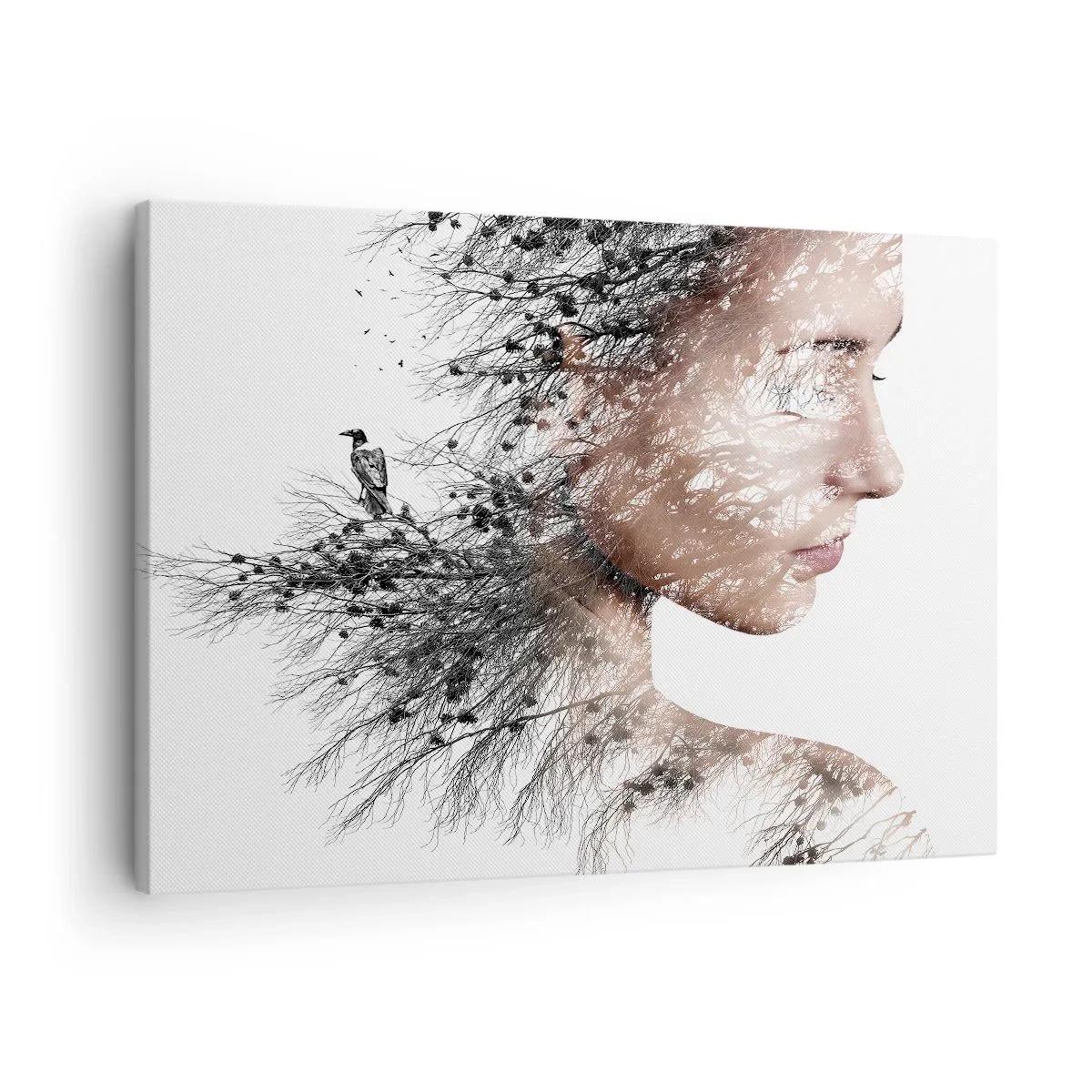 Tablou pe pânză Canvas - Silueta unei femei cu un motiv de ramură și pasăre în fundal - 70x50cm - Spiritul pădurii - Decorațiune modernă pentru perete pentru living și dormitor ARTTOR