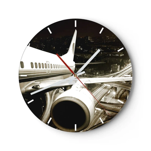 Ceas de perete - Ceas pe sticlă - Un avion pe fundalul unui oraș nocturn - 30x30cm - Zbor în noapte - Decorațiune modernă pentru perete pentru living, bucătărie și dormitor ARTTOR