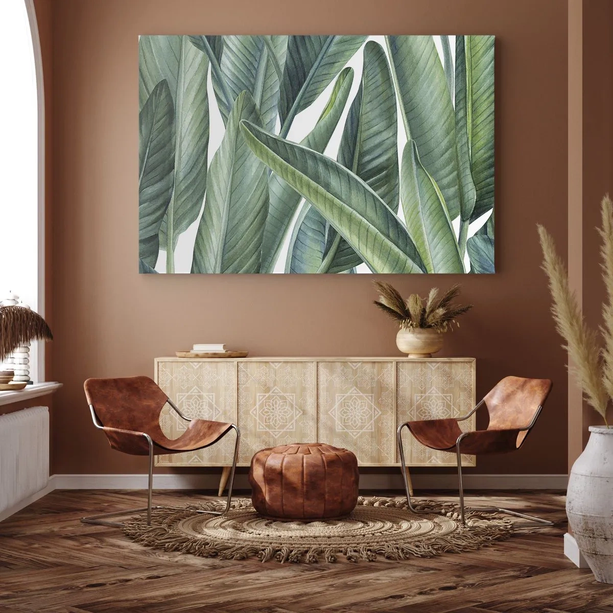 Tablou pe pânză Canvas - Frunze verzi într-un stil botanic minimalist - 70x50cm - Verdeața în sine - Decorațiune modernă pentru perete pentru living și dormitor ARTTOR
