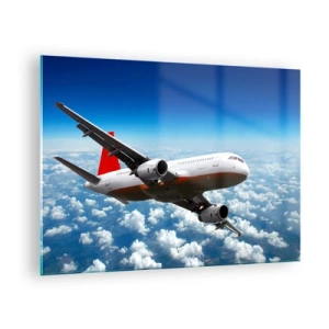 Tablou pe sticlă - Un avion de pasageri zburând deasupra norilor pe un cer albastru - 70x50cm - Evadare din viața de zi cu zi - Decorațiune modernă pentru perete pentru living și dormitor ARTTOR