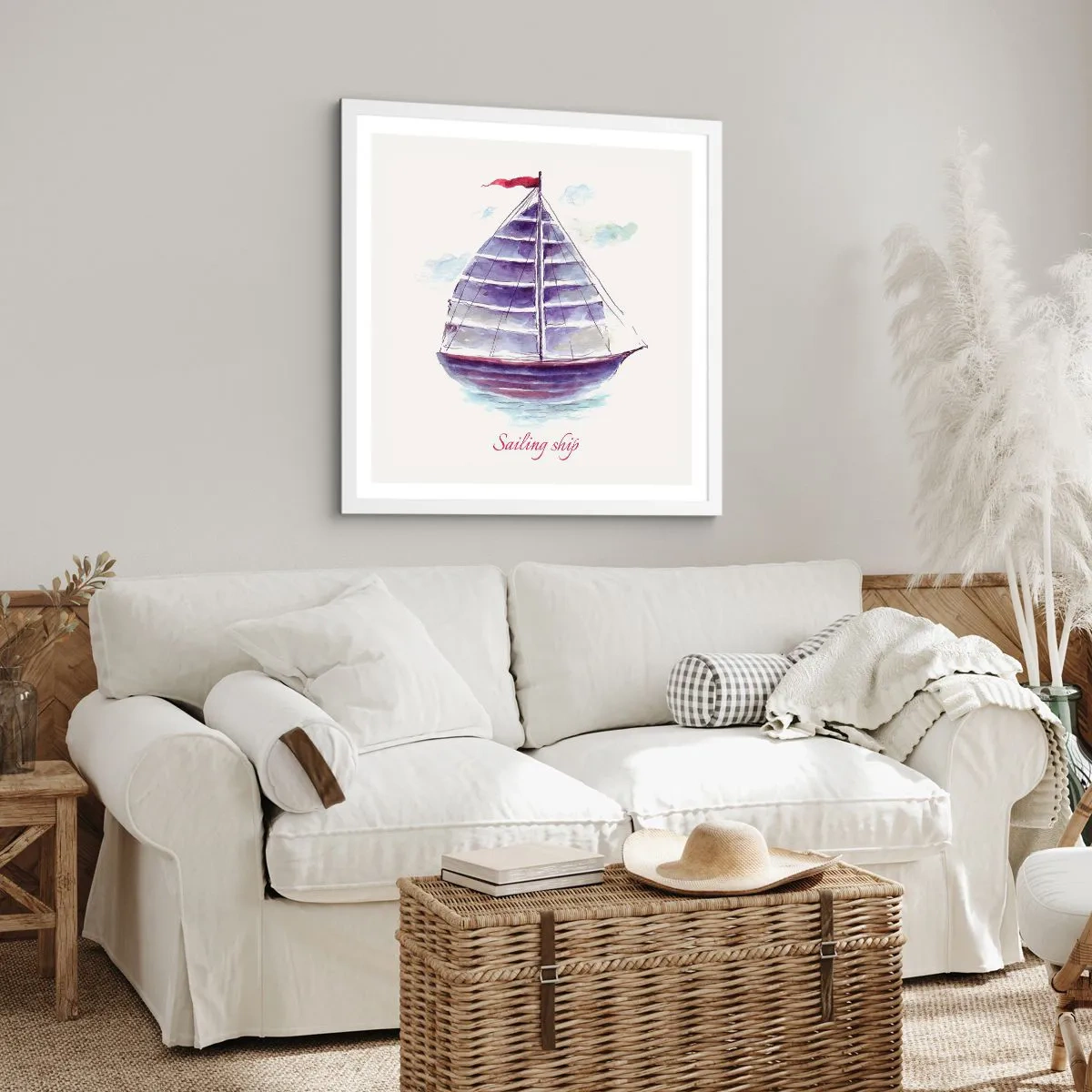 Poster în ramă albă - Pânze pline și apă calmă - 50x50 cm