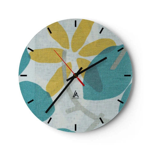 Ceas de perete - Ceas pe sticlă - Frunze galbene și turcoaz pe un fundal deschis, cu textură de in - 30x30cm - Printre frunzele de azur - Decorațiune modernă pentru perete pentru living, bucătărie și dormitor ARTTOR