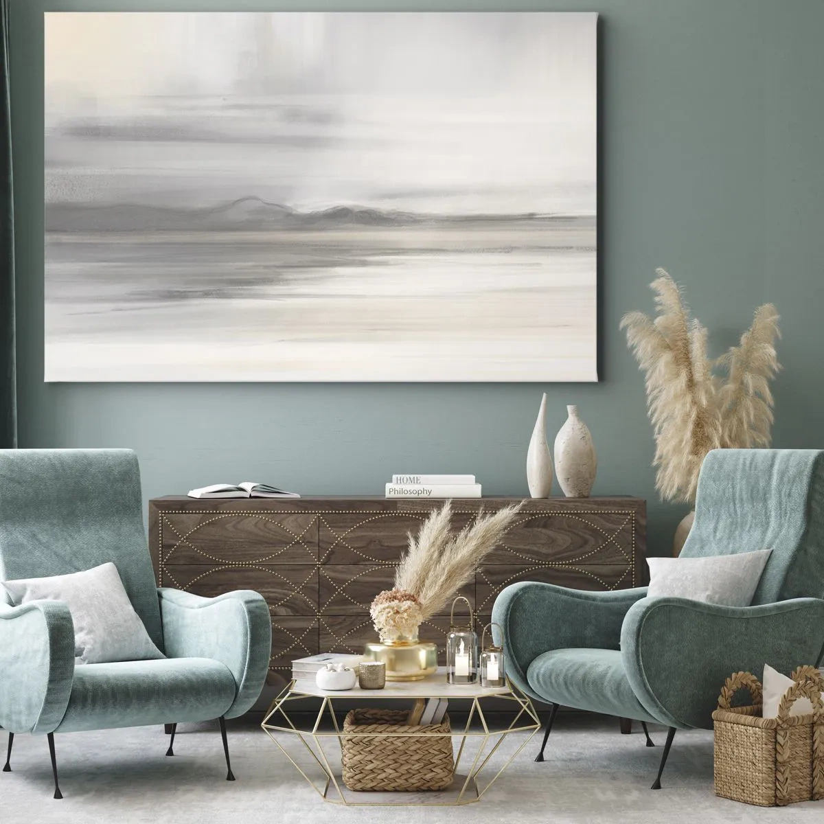 Tablou pe pânză Canvas - Un peisaj subtil în nuanțe de gri și bej - 70x50cm - Gândul îndepărtat - Decorațiune modernă pentru perete pentru living și dormitor ARTTOR