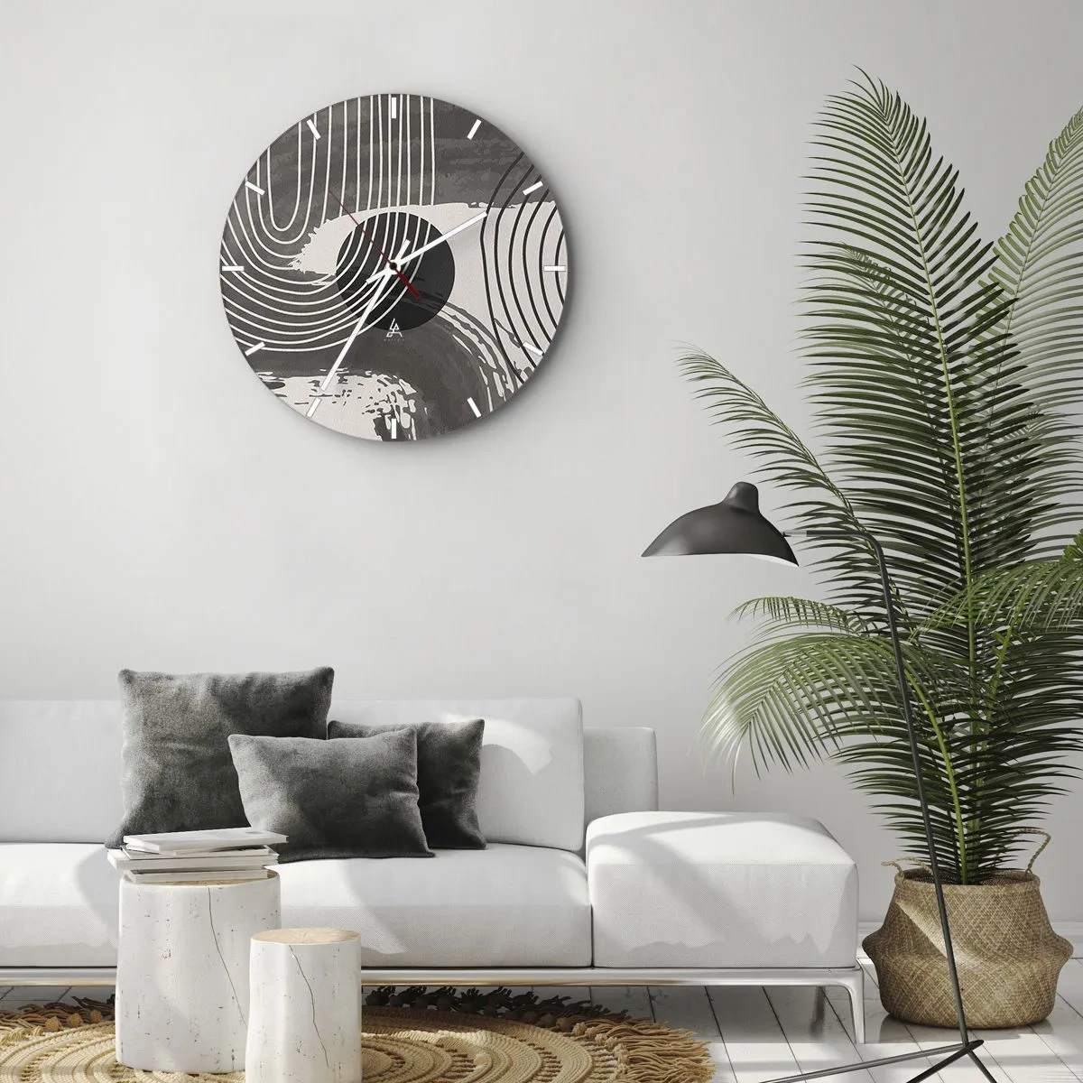 Ceas de perete - Ceas pe sticlă - Linii albe și negre într-un ritm ondulat care înconjoară un cerc negru - 30x30cm - Ovalul câștigă - Decorațiune modernă pentru perete pentru living, bucătărie și dormitor ARTTOR