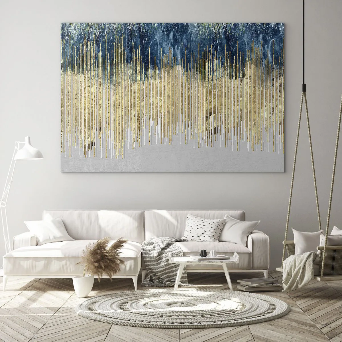 Tablou pe sticlă - Linii verticale aurii pe un fundal de pădure albastru închis - 70x50cm - Granița aurită - Decorațiune modernă pentru perete pentru living și dormitor ARTTOR