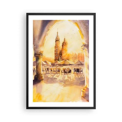 Poster în ramă neagră - O acuarelă care înfățișează piața din Cracovia la apus. - 50x70cm - Răsărit în Cracovia - Decorațiune modernă pentru perete pentru living și dormitor ARTTOR