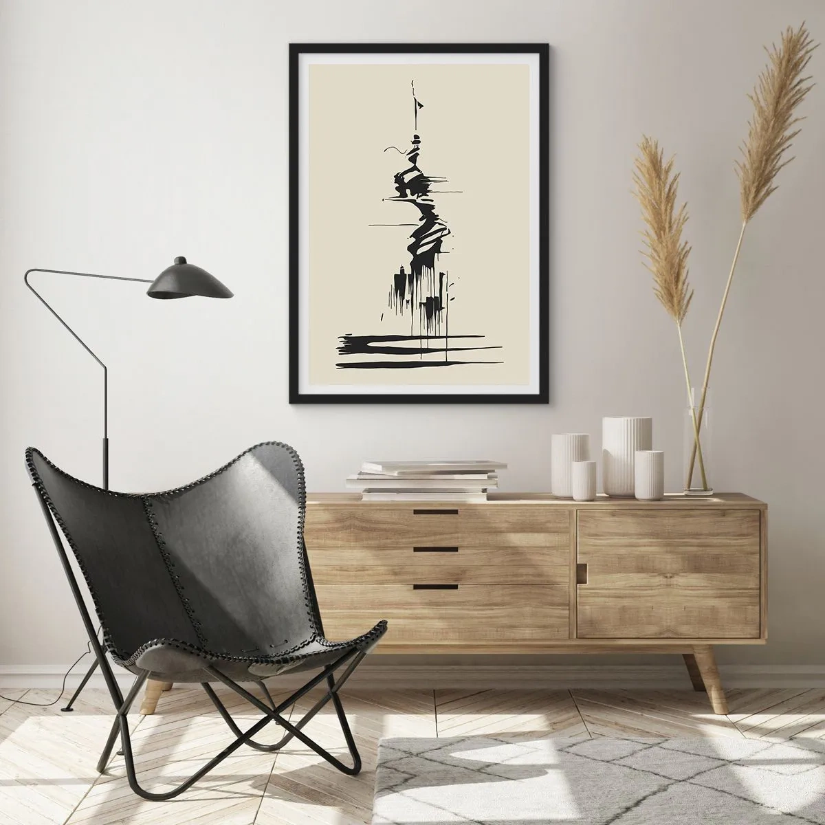 Poster în ramă neagră - Un desen abstract al unei figuri pe un fundal cu linii ondulate. - 50x70cm - Abstracție pripită - Decorațiune modernă pentru perete pentru living și dormitor ARTTOR