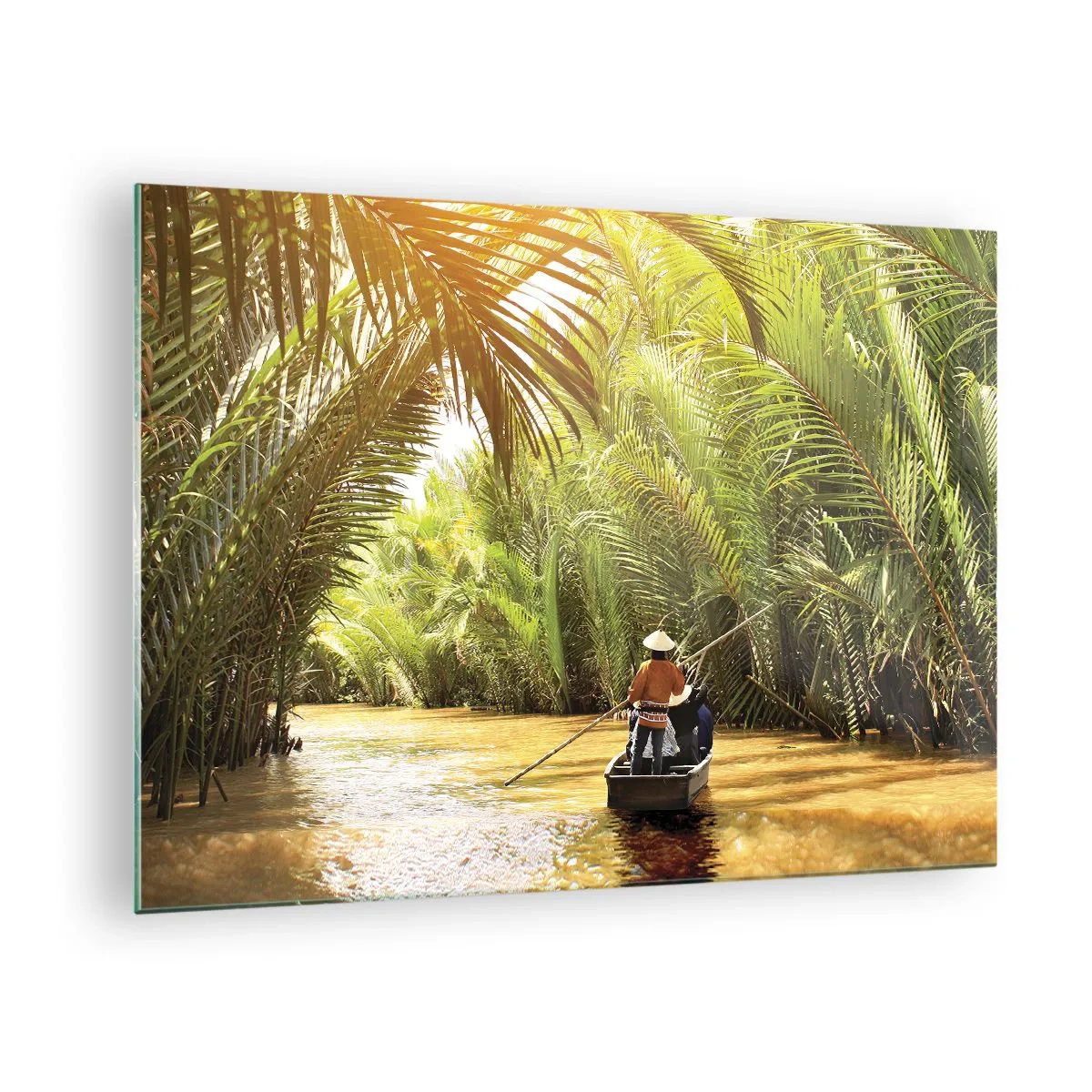 Tablou pe sticlă - O barcă cu un bărbat care vâslește navighează printr-un defileu mărginit de palmieri - 70x50cm - Prin cheile din palmieri - Decorațiune modernă pentru perete pentru living și dormitor ARTTOR