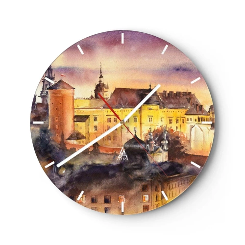 Ceas de perete - Ceas pe sticlă - Un castel la amurg în culori calde de acuarelă - 30x30cm - Poveste și basm - Decorațiune modernă pentru perete pentru living, bucătărie și dormitor ARTTOR