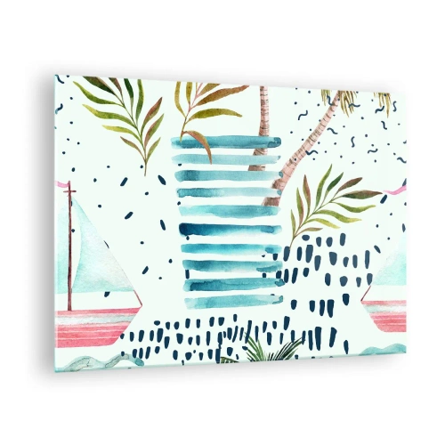 Tablou pe sticlă - Sărbători sub palmieri - 70x50cm - Vacanță sub palmieri - Decorațiune modernă pentru perete pentru living și dormitor ARTTOR