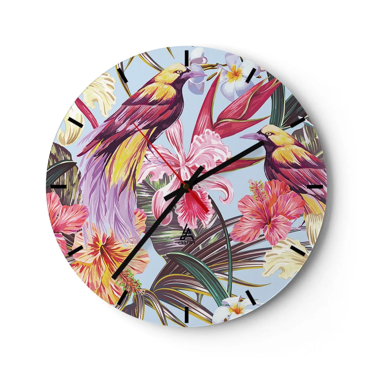 Ceas de perete - Ceas pe sticlă - Păsări colorate printre flori și frunze tropicale - 30x30cm - Petale și pene - Decorațiune modernă pentru perete pentru living, bucătărie și dormitor ARTTOR