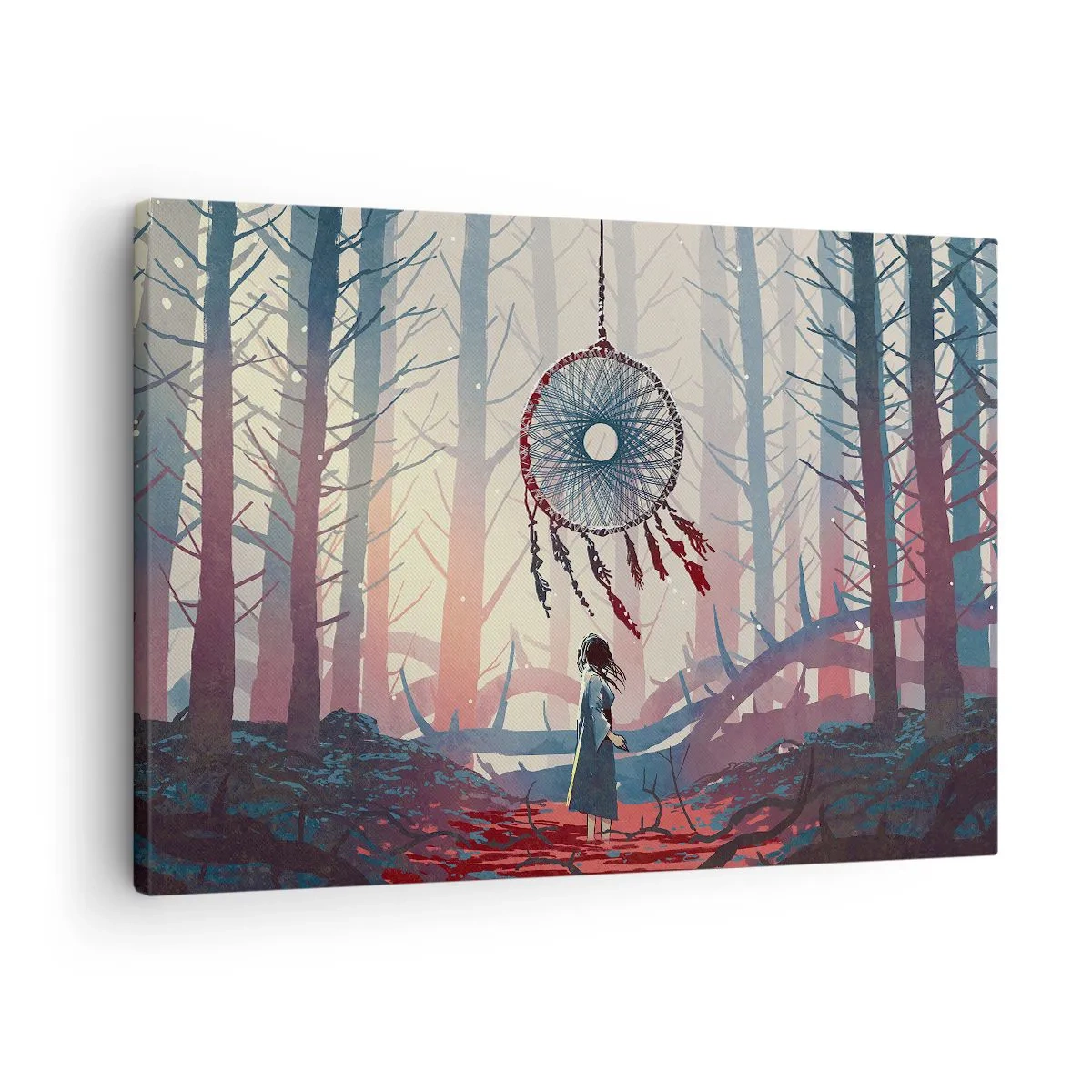 Tablou pe pânză Canvas - Scenă în pădure cu un prinzător de vise uriaș - 70x50cm - Ritualul secret al fericirii - Decorațiune modernă pentru perete pentru living și dormitor ARTTOR
