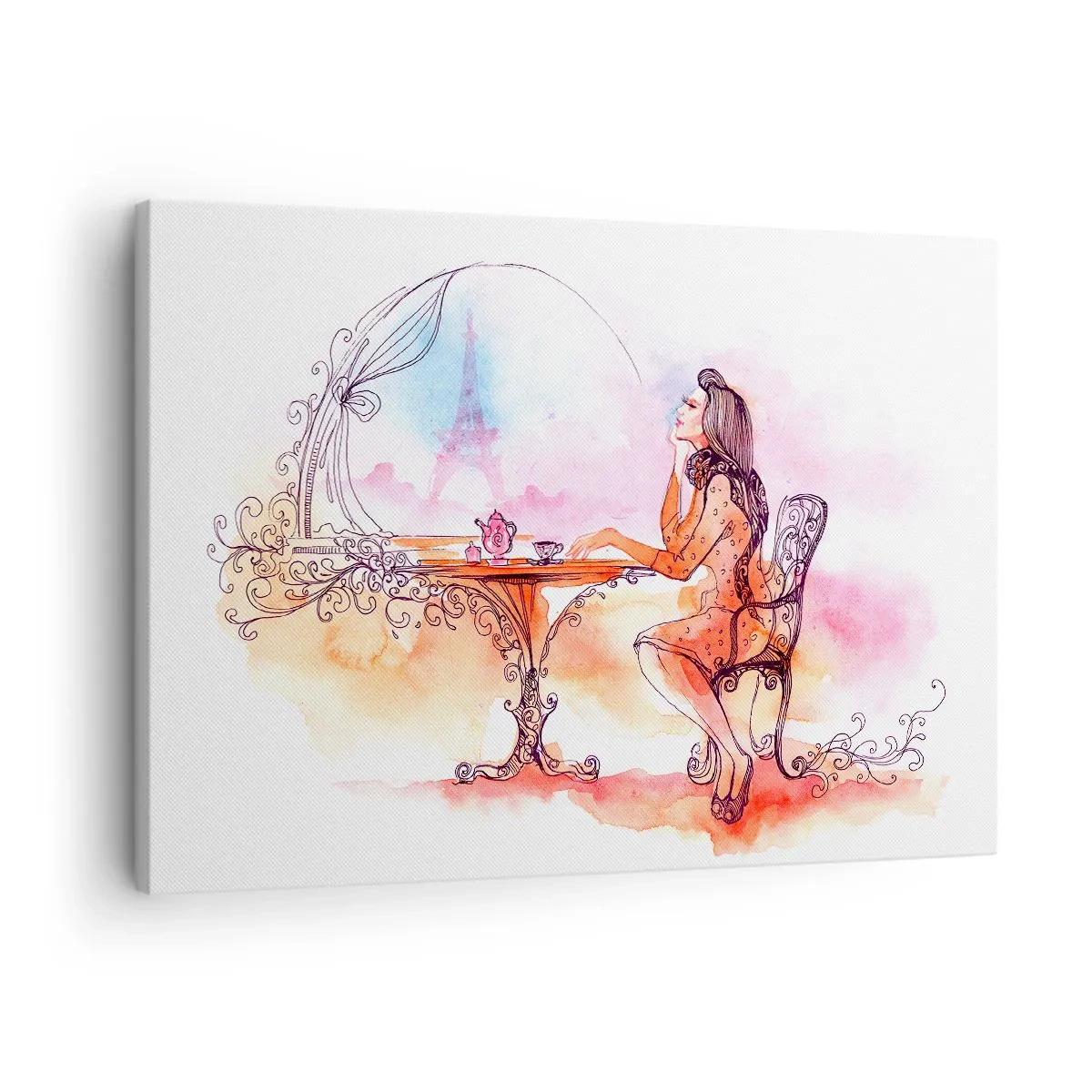 Tablou pe pânză Canvas - Acuarelă romantică a unei femei într-o cafenea cu vedere la un turn - 70x50cm - Șic parizian - Decorațiune modernă pentru perete pentru living și dormitor ARTTOR