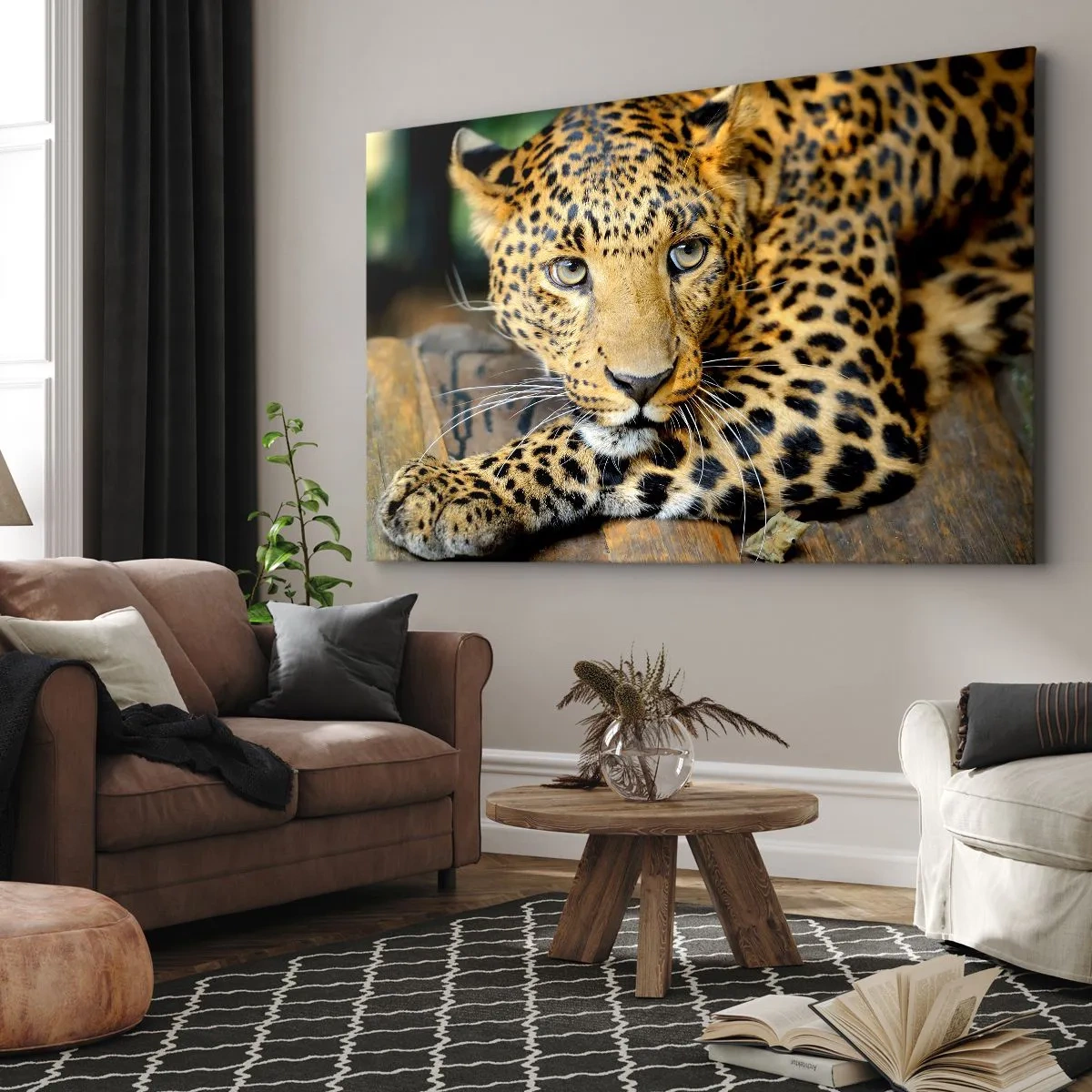 Tablou pe pânză Canvas - Portretul unui leopard în mediul său natural - 70x50cm - Nu-ți fie teamă, apropie-te - Decorațiune modernă pentru perete pentru living și dormitor ARTTOR