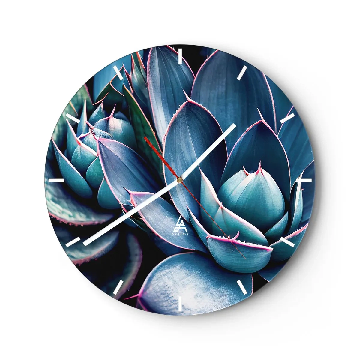 Ceas de perete - Ceas pe sticlă - Rozete luxuriante de suculente în nuanțe de turcoaz și violet - 30x30cm - Forța vitală - Decorațiune modernă pentru perete pentru living, bucătărie și dormitor ARTTOR