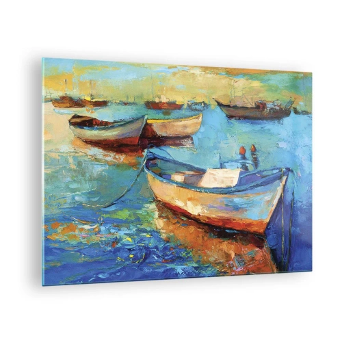 Tablou pe sticlă - Bărci colorate pe un fundal de apă calmă - 70x50cm - Într-un golf de aur - Decorațiune modernă pentru perete pentru living și dormitor ARTTOR