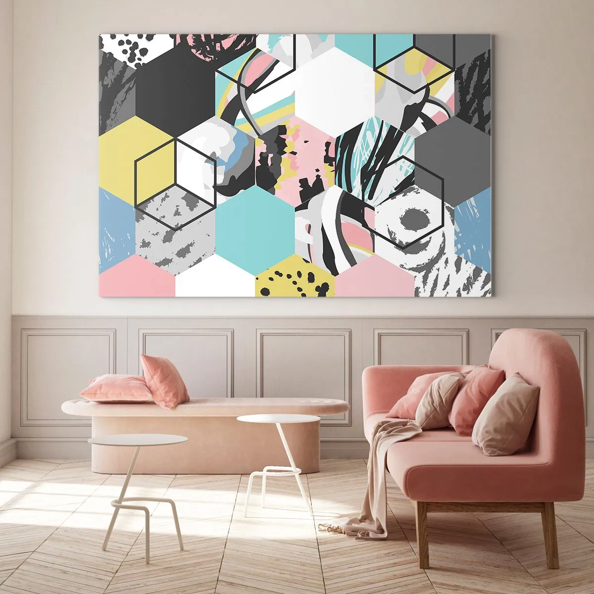 Tablou pe sticlă - Hexagoane și cuburi în șase culori - 100x70 cm