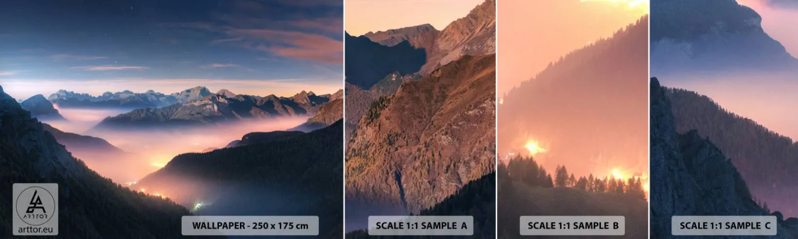 Mostră de Tapet Standard Eco - Lumină în văi - Peisaj, Munţi, pădure - 100x30 cm