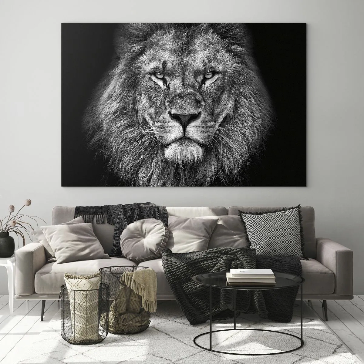 Tablou pe sticlă - Portretul unui leu în alb și negru cu o coamă maiestuoasă - 70x50cm - În ținuta de încoronare - Decorațiune modernă pentru perete pentru living și dormitor ARTTOR