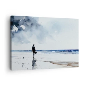 Tablou pe pânză Canvas - O figură pe o plajă într-un mediu marin calm - 70x50cm - Vorbind cu marea - Decorațiune modernă pentru perete pentru living și dormitor ARTTOR