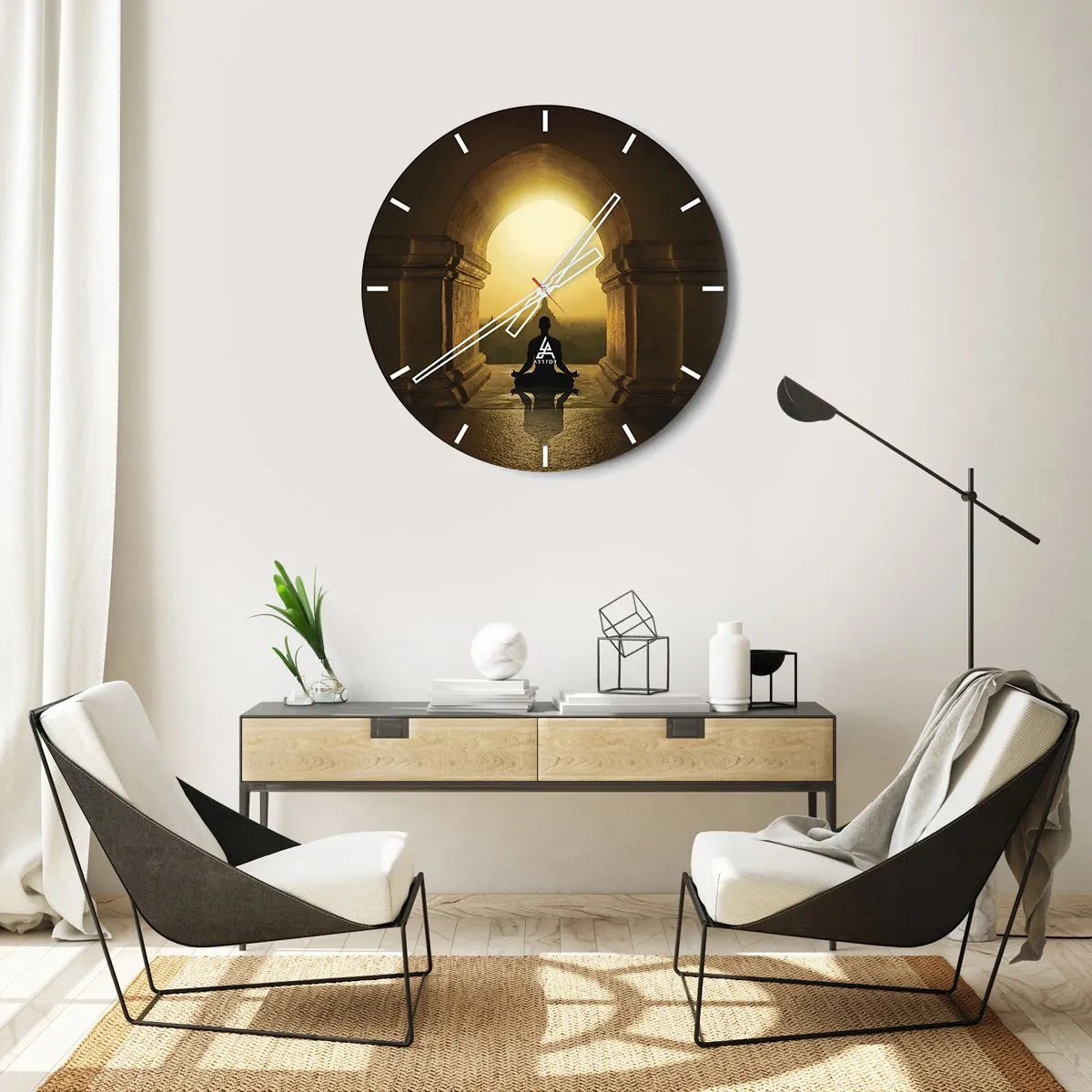 Ceas de perete - Ceas pe sticlă - Meditație în lumina aurie a arcului templului - 30x30cm - Armonie completă - Decorațiune modernă pentru perete pentru living, bucătărie și dormitor ARTTOR
